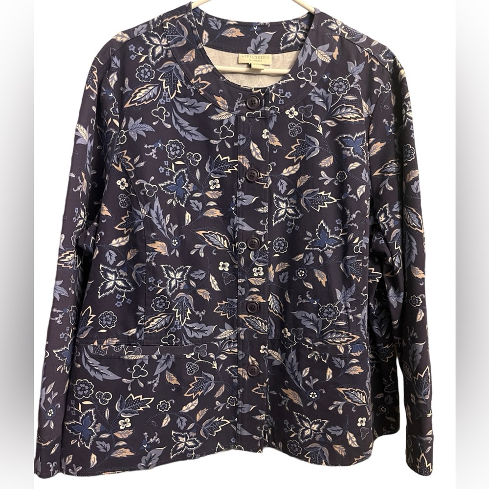 Women's Appleseeds Plus Size Navy Flowered 100% Cotton Jacket size 22w
